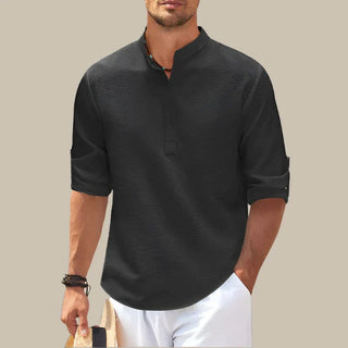 Kane Sommershirt | Premium Leinen-optik bluse mit Stehkragen und V-Ausschnitt für Herren