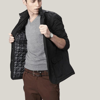 Black medium long lined jacket for men with collar