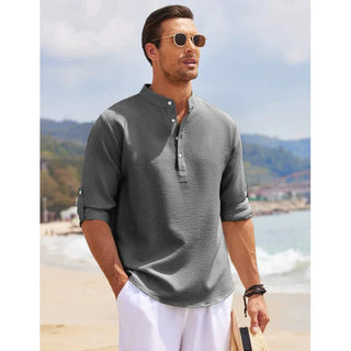 Kane Sommershirt | Premium Leinen-optik bluse mit Stehkragen und V-Ausschnitt für Herren