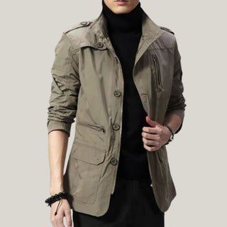 Khaki medium long lined jacket for men with collar