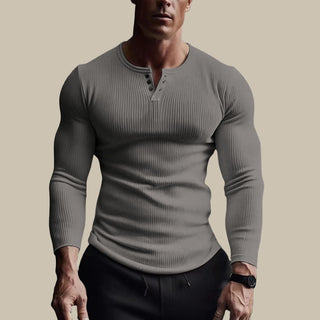 Layton Longsleeve | Muscle-Fit Geripptes Herren T-Shirt mit Langarm und Knopfleiste