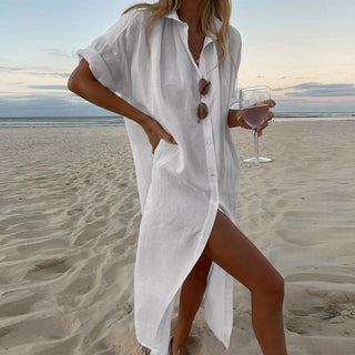 Strandkleid für Damen - Bequeme Leinen-Optik Hemdblusenkleid für Sommer
