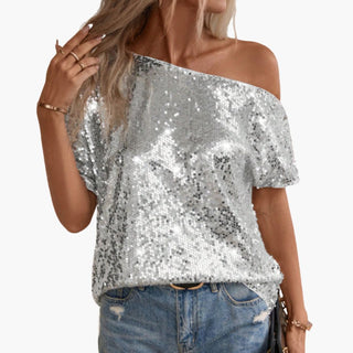 Glitzer Top - Elegante One-Shoulder Bluse mit Glitzernde Pailletten für Damen