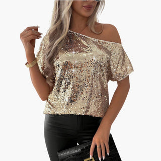 Glitzer Top - Elegante One-Shoulder Bluse mit Glitzernde Pailletten für Damen