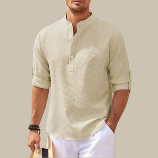 Kane Sommershirt | Premium Leinen-optik bluse mit Stehkragen und V-Ausschnitt für Herren