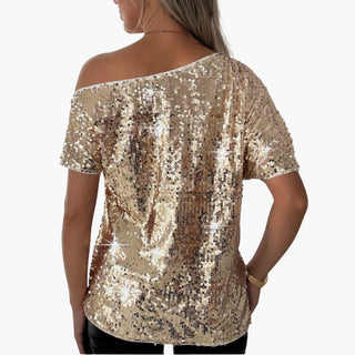 Glitzer Top - Elegante One-Shoulder Bluse mit Glitzernde Pailletten für Damen