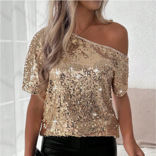 Glitzer Top - Elegante One-Shoulder Bluse mit Glitzernde Pailletten für Damen
