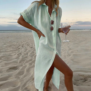 Strandkleid für Damen - Bequeme Leinen-Optik Hemdblusenkleid für Sommer
