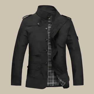 Black medium long lined jacket for men with collar