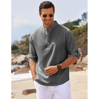 Kane Sommershirt | Premium Leinen-optik bluse mit Stehkragen und V-Ausschnitt für Herren