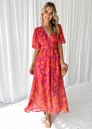 Sommerkleid für Damen - Geblümtes Midikleid mit Puffärmeln
