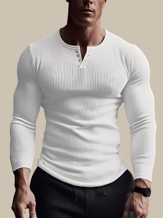Layton Longsleeve | Muscle-Fit Geripptes Herren T-Shirt mit Langarm und Knopfleiste