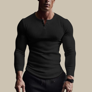 Layton Longsleeve | Muscle-Fit Geripptes Herren T-Shirt mit Langarm und Knopfleiste