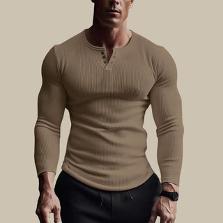 Layton Longsleeve | Muscle-Fit Geripptes Herren T-Shirt mit Langarm und Knopfleiste