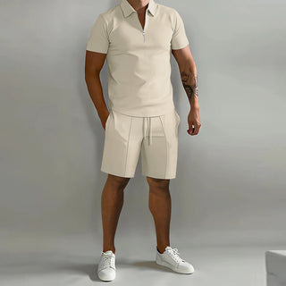 Ganti Premium | Stilvolles, luxuriöses, unifarbenes zweiteiliges Herrenset mit Poloshirt und passenden Shorts