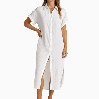 Strandkleid für Damen - Bequeme Leinen-Optik Hemdblusenkleid für Sommer