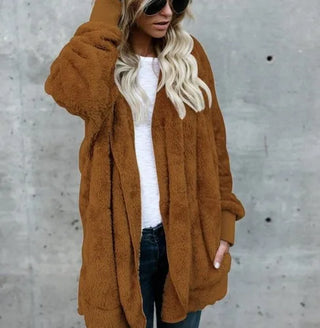 Fleecejacke - Lange Teddyjacke mit Kapuze für Damen