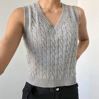 Pullunder für den Herbst - Ärmellose Kürze Strickpullover mit Zopfmuster und V-Ausschnitt für Damen