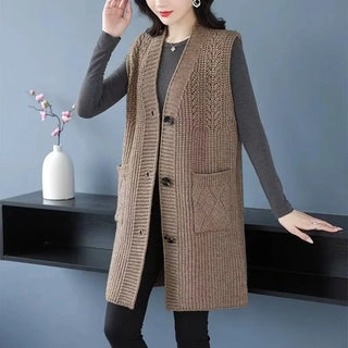 Ärmellose Strickweste für den Herbst - Knielange Cardigan mit Knöpfen und Seitentaschen für Damen
