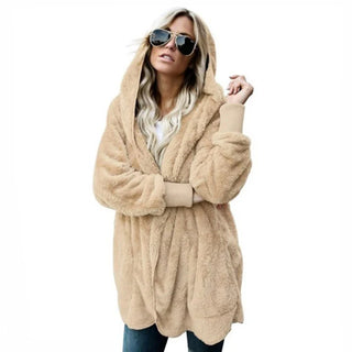 Fleecejacke - Lange Teddyjacke mit Kapuze für Damen