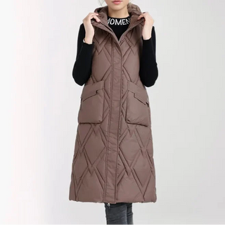 Lange Steppweste für kalte Tage - Puffer Daunenweste mit Kapuze für Damen