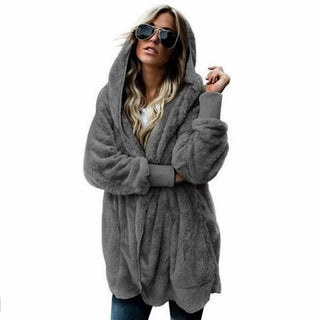 Fleecejacke - Lange Teddyjacke mit Kapuze für Damen