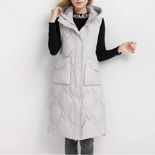 Lange Steppweste für kalte Tage - Puffer Daunenweste mit Kapuze für Damen