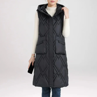 Lange Steppweste für kalte Tage - Puffer Daunenweste mit Kapuze für Damen