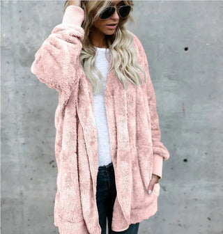 Fleecejacke - Lange Teddyjacke mit Kapuze für Damen