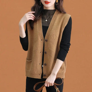 Ärmellose Strickweste für den Herbst - Elegante Strickweste mit Knöpfen und V-Ausschnitt für Damen