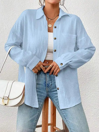 Oversized Bluse - Lockere Langarmbluse aus Crinkle-Stoff