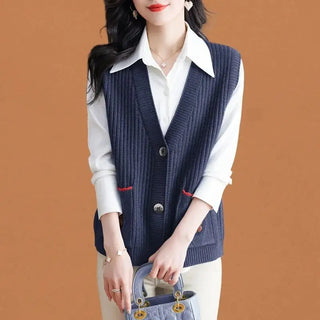 Ärmellose Strickweste für den Herbst - Elegante Strickweste mit Knöpfen und Seitentaschen für Damen