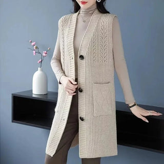 Ärmellose Strickweste für den Herbst - Knielange Cardigan mit Knöpfen und Seitentaschen für Damen
