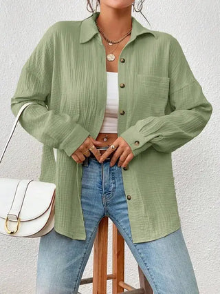 Oversized Bluse - Lockere Langarmbluse aus Crinkle-Stoff