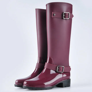 Regenstiefel für den Herbst - Wasserdichte hohe Gummistiefel mit Schnallen und Absatz für Damen