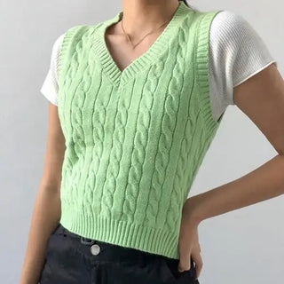 Pullunder für den Herbst - Ärmellose Kürze Strickpullover mit Zopfmuster und V-Ausschnitt für Damen