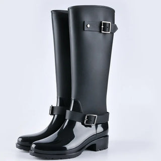 Regenstiefel für den Herbst - Wasserdichte hohe Gummistiefel mit Schnallen und Absatz für Damen