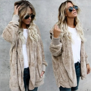 Fleecejacke - Lange Teddyjacke mit Kapuze für Damen