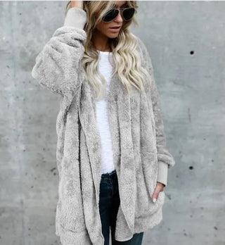 Fleecejacke - Lange Teddyjacke mit Kapuze für Damen