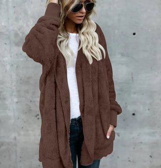 Fleecejacke - Lange Teddyjacke mit Kapuze für Damen