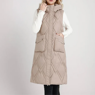 Lange Steppweste für kalte Tage - Puffer Daunenweste mit Kapuze für Damen