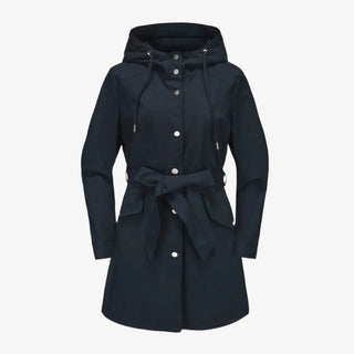 Regenjacke für den Herbst -  Wasserfeste Knielange Übergangsjacke mit Gürtel und Kapuze für Damen