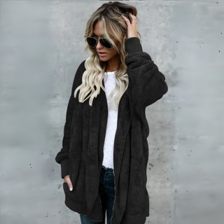 Fleecejacke - Lange Teddyjacke mit Kapuze für Damen