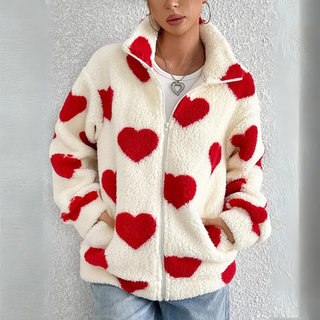 Fleecejacke  - Stilvolle Teddyjacke mit Herzmotiven für Damen