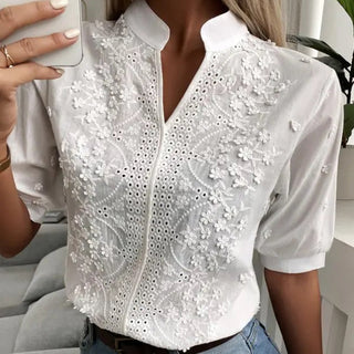 Blusenshirt für Damen - Luftiges Weiße Top mit Stehkragen für Sommer