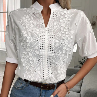 Blusenshirt für Damen - Luftiges Weiße Top mit Stehkragen für Sommer