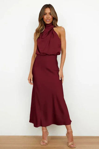 Abendkleid für Damen - Elegantes Satin Neckholder Kleid für Hochzeitsgäste