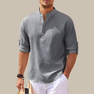 Kane Sommershirt | Premium Leinen-optik bluse mit Stehkragen und V-Ausschnitt für Herren