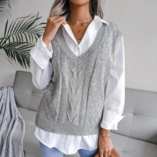 Pullunder für den Herbst - Weite Zopfstrick Pullover mit V-Ausschnitt für Damen