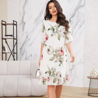 Sommerkleid für Damen - Elegantes Chiffon Midikleid mit Blumenmuster